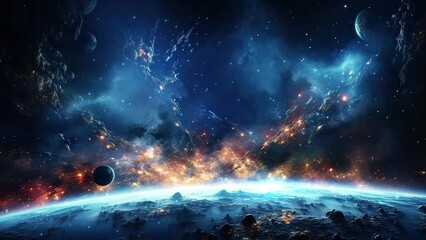 Wall Mural - galaxy and nebula. flying over the blue planet. abstract space background. endless universe with sta