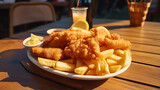 Fototapeta  - plate of fish and chips served on the table