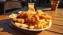 Plate Of Fish And Chips Served On The Table