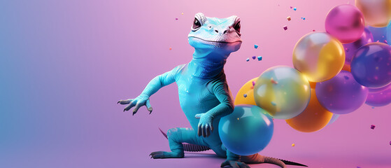  A happy lizard celebrating his birthday with balloons. AI Genereted.
