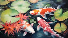 Koi Fish Swimming In Pond With Lily Pads