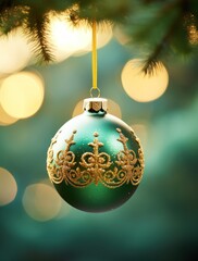 Poster -  a green and gold christmas ornament hanging from a christmas tree with boket lights in the background.