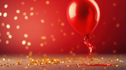 Wall Mural -  a red balloon with a stream of gold confetti on a red background with confetti on the floor.