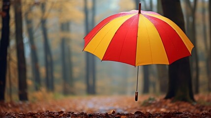 Wall Mural -  a red and yellow umbrella is in the middle of a leaf covered path in a wooded area with trees in the background.