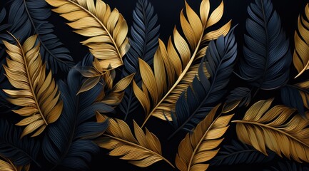 Poster -  a close up of a black and gold wallpaper with a bunch of leaves on the side of the wall.