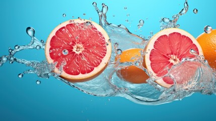 Sticker -  grapefruit, oranges, and water splashing on a blue background with a splash of water on it.