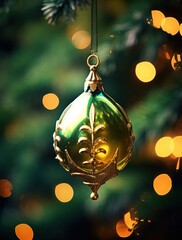 Poster -  a green christmas ornament hanging from a christmas tree with lights in the backgroung of it.