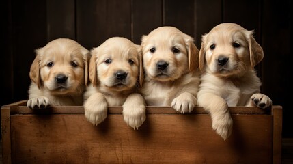  a group of four puppies sitting in a wooden box with their paws on the top of a wooden box.