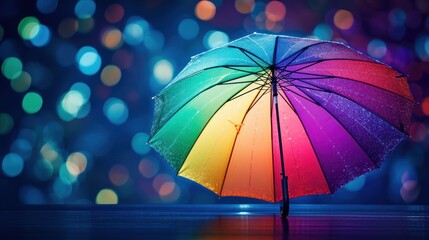 Wall Mural -  a rainbow colored umbrella sitting on top of a wet floor in front of a blurry background of colorful lights.