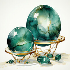 Watercolor Emerald and Gold Tables Clipart illustration Generative Ai