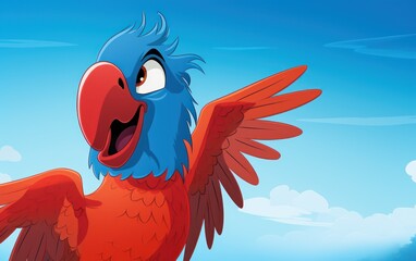 Poster -  a red and blue bird with its wings spread out in front of a blue sky with clouds and blue sky in the background.