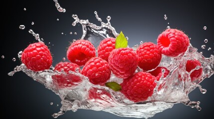 Sticker -  a bunch of raspberries splashing into a glass of water with a green leaf on top of it.