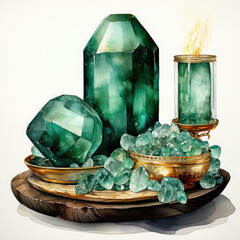 Watercolor Emerald and Gold Tables Clipart illustration Generative Ai