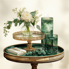 Watercolor Emerald and Gold Tables Clipart illustration Generative Ai