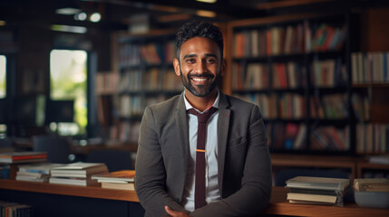 Canvas Print - Smiling man in a suit and tie is standing in a library with bookshelves filled with books in the background.