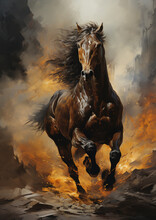 Horse Gallops On The Dust, Epic Moment. Freedom Horse Running In The Dark Background. AI Generative
