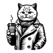 cat wearing a coat and scarf and holding a cup of coffee sketch