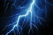 Blazing Lightning Bolt Illuminates Shadowy Firmament Amidst Blue Thunderstorm Backdrop.