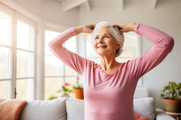 Wall Mural - happy senior woman with short hair at home or in a nursing home