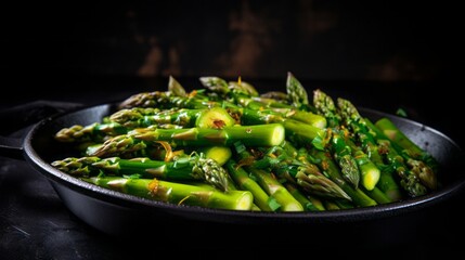 cooked asparagus in a plate on the table.