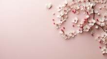  A Branch Of A Blossoming Cherry Tree With White And Pink Flowers On A Pale Pink Background With A Heart Shaped Candy In The Middle Of The Branch Of The Branch.
