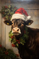 Wall Mural - Portrait painting of Christmas cow, generative AI