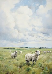 Wall Mural - Painting of sheeps on a grassy field, generative AI