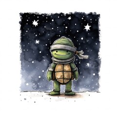 Wall Mural - Cute turtle looking to stars on nightly heaven, snowy Christmas, watercolor, generative AI