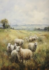 Wall Mural - Painting of sheeps on a grassy field, generative AI