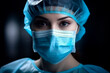 © Uliana - Close-up portrait of a dedicated european female doctor in uniform, wearing a mask and medical cap, ready for duty.