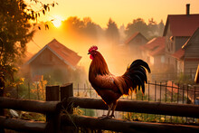 A Rooster Crows At Sunrise On A Fence, Depicting The Atmospheric Charm Of Village Life With A Rustic Background.

