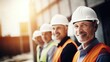 men posing at work on a construction site, construction hardhat and work vest, smiling, middle aged or older,