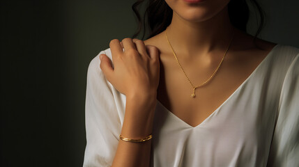 Wall Mural - woman in a white shirt wearing a delicate gold necklace and a white silk blouse, closeup isolated on black background