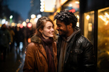 A joyful couple sharing a tender moment on a lively city street at night, exuding warmth, happiness, and love.