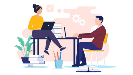 Leinwandbilder - Man and woman studying - Two students doing school work at desk with computers and books, learning and taking education class together. Flat design vector illustration with white background