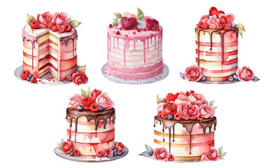 Wall Mural - set watercolor illustration, romantic desserts and sweet, wedding cake decorate with racing, berries, flowers and heart, valentines day