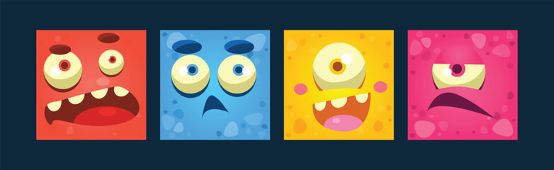 Wall Mural - Colorful Square Funny Face of Monsters with Different Emotion Vector Set