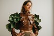 Concept of cactus leather, sustainable vegan alternative to animal leather. Woman bomber jacket of eco cactus leather and opuntia cactus. Innovative vegan leather, cruelty-free fashion