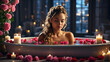 Beautiful young woman in bath with floating candles and roses. Beauty spa treatment