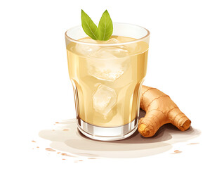 Wall Mural - Illustration of ginger shot drink with lemon in a glass isolated on white background 