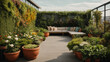 A captivating rooftop garden where various styles of plants are meticulously and artistically arranged - AI Generative