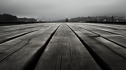 Wall Mural - Large wooden dock - cityscape - old boards - black and white - monochrome - dark cloudy day 