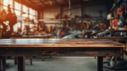 Empty table in car repair shop, car repair items, workshop with tools