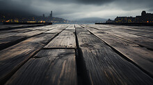 Large Wooden Dock - Cityscape - Old Boards - Black And White - Monochrome - Dark Cloudy Day 