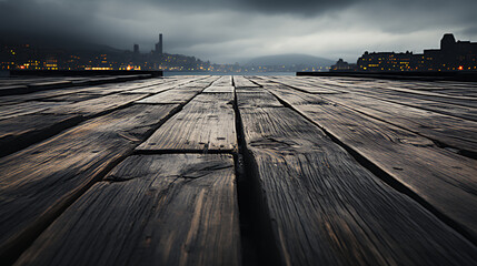 Wall Mural - Large wooden dock - cityscape - old boards - black and white - monochrome - dark cloudy day 