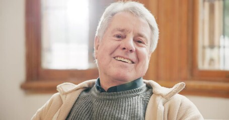 Poster - Smile, face and senior man on a sofa relaxing with a positive, good and confident attitude. Happy, portrait and closeup of elderly male person in retirement resting in the living room of modern home.