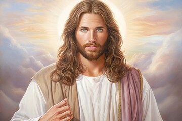Wall Mural - Drawing or illustration of Jesus Christ. Portrait with selective focus and copy space