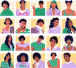 Groovy collection of diverse men and women portraits. Multiethnic male and female characters. Big avatar set.