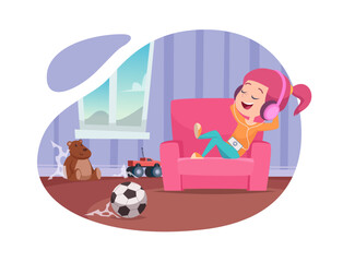 Sticker - Lazy girl. Character relax on sofa in messy room interior. Vector template