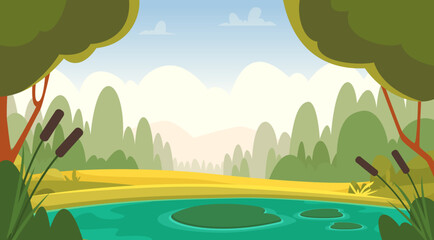 Sticker - Pool forest. Cartoon background of beautiful pond and trees. vector template